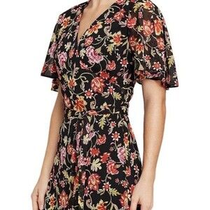 Lauren Ralph Lauren Black Floral Flutter Sleeve Belted Wrap Midi‎ Dress Size 8
